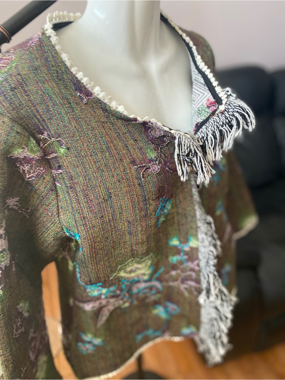 Signals Floral Tapestry Open Front Jacket L Boho Fringe Embroidered Cardigan - Picture 9 of 11
